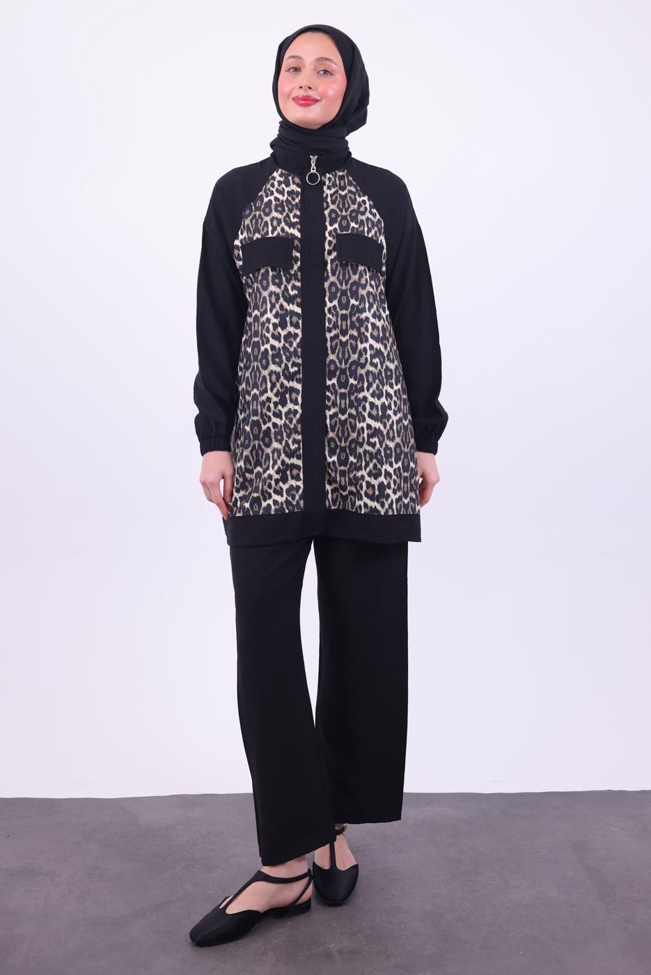 Hijab clothing BLACK LEOPARD PATTERNED PANTS SUIT T 9474