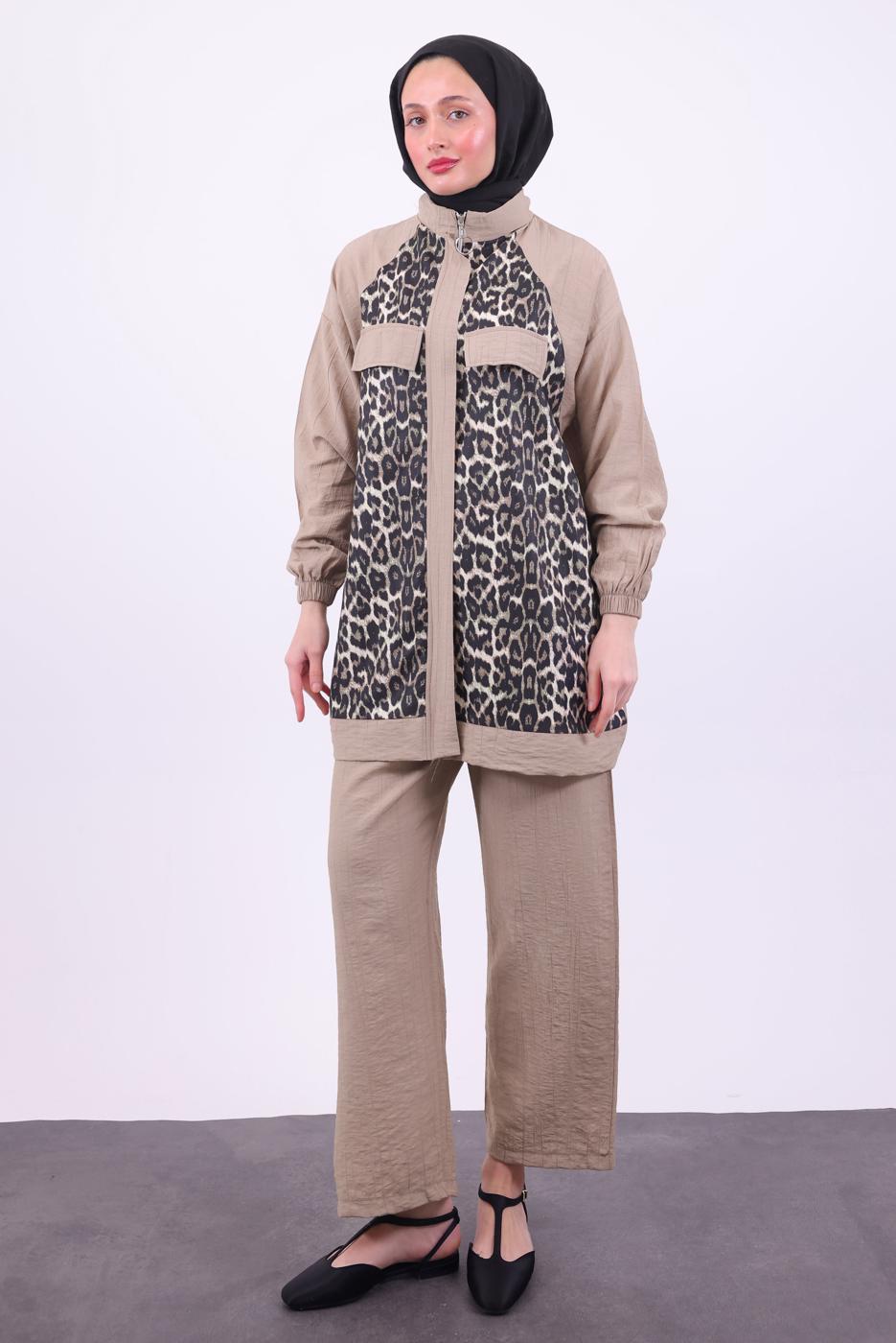 Hijab clothing MINK LEOPARD PATTERNED PANTS SUIT T 9474