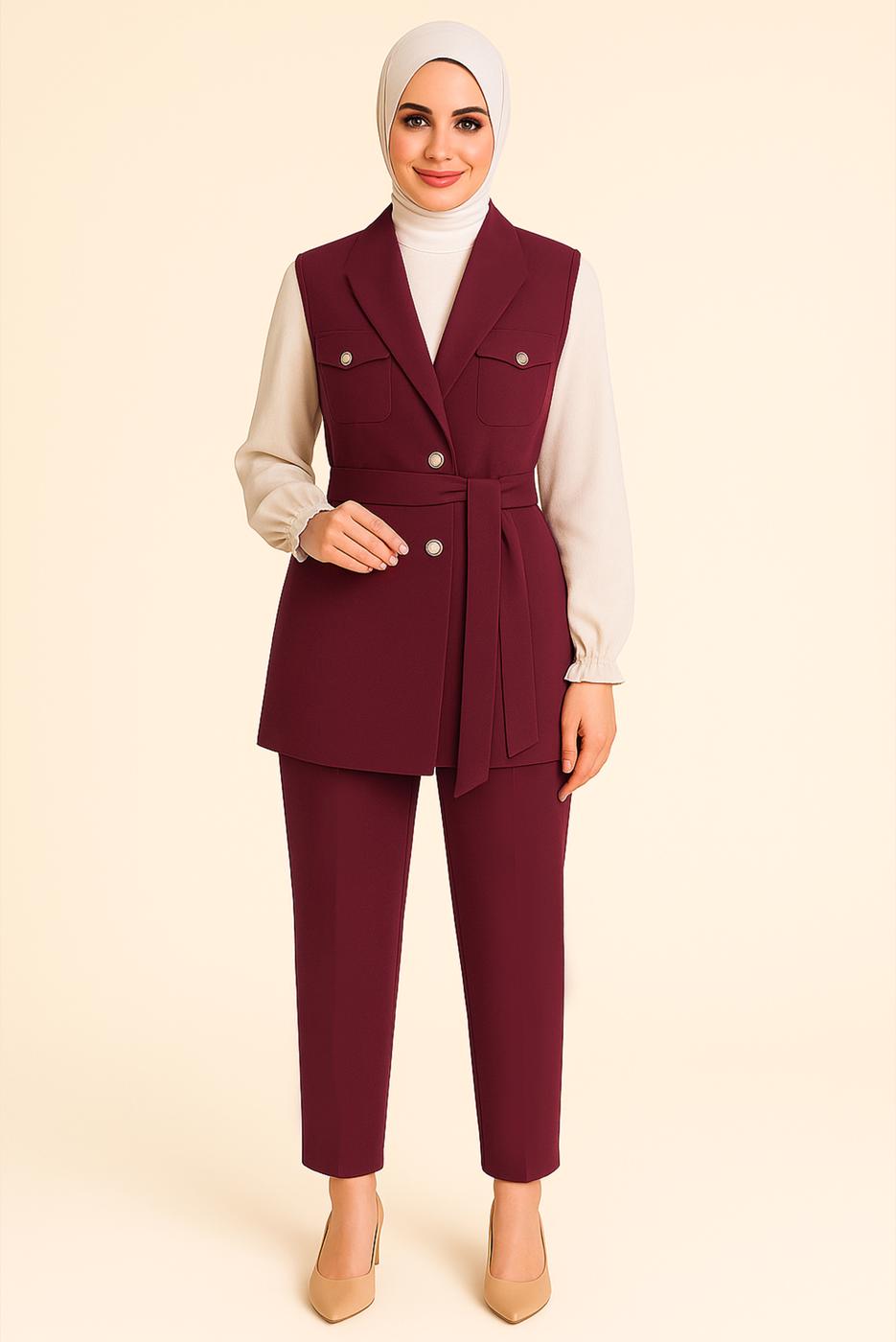 Tesettür giyim BORDO KUŞAKLI ÜÇLÜ PANTOLONLU TAKIM T 9616