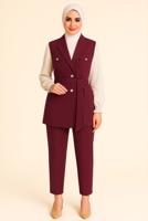Tesettür giyim BORDO KUŞAKLI ÜÇLÜ PANTOLONLU TAKIM T 9616
