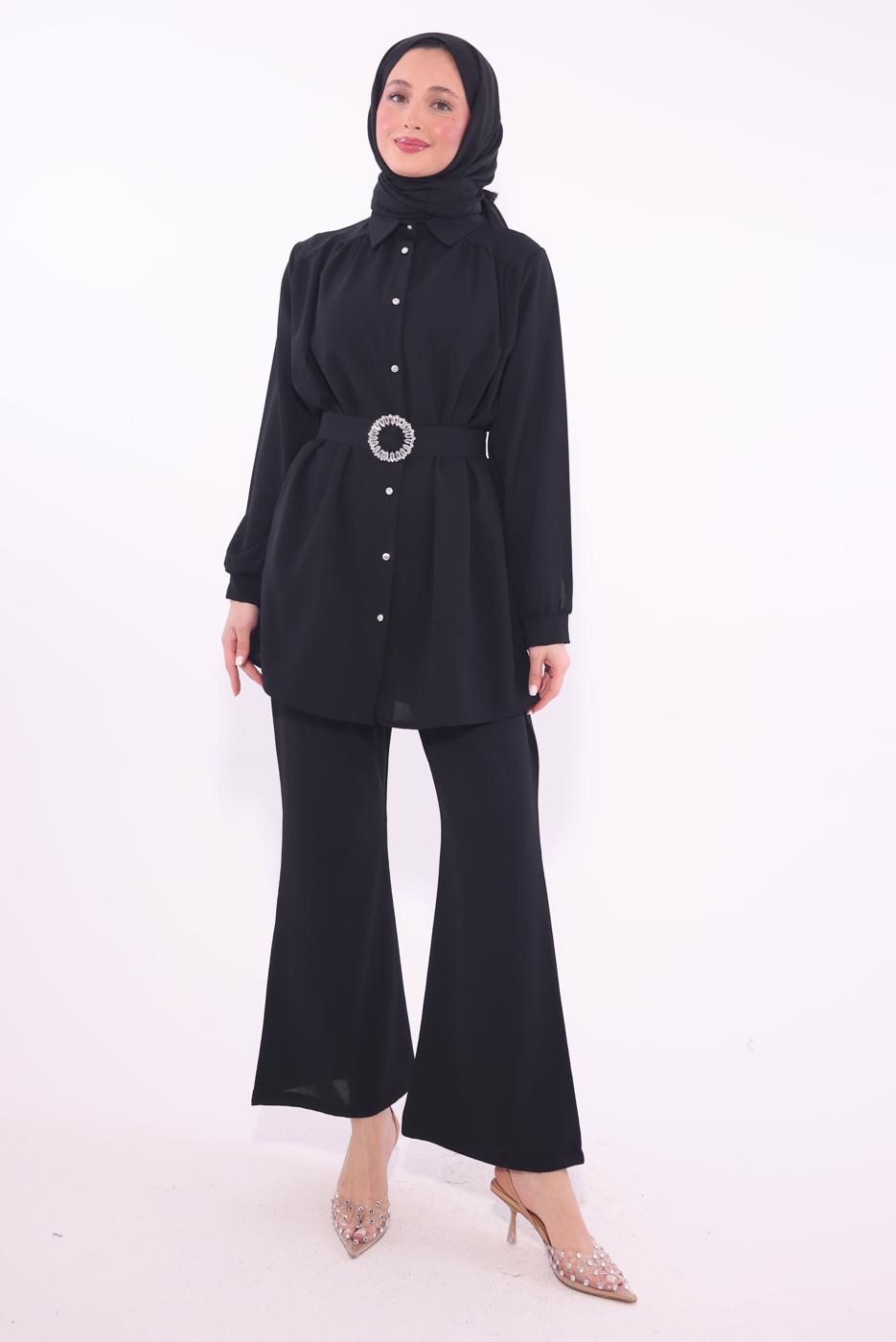 Tesettür giyim SİYAH KEMERLİ PANTOLONLU TAKIM T 9674