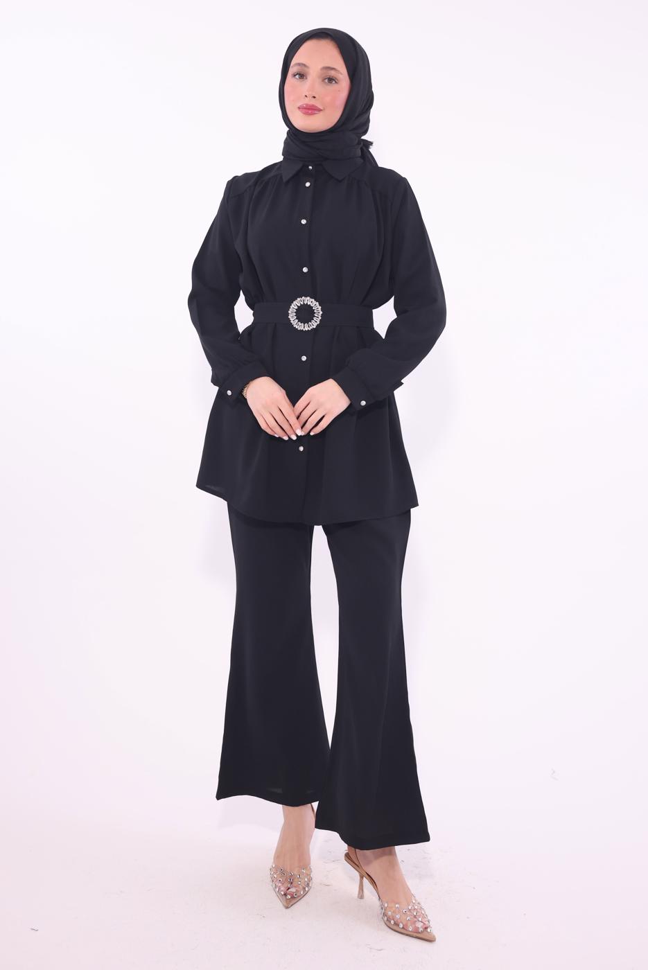 Tesettür giyim SİYAH KEMERLİ PANTOLONLU TAKIM T 9674