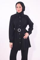 Tesettür giyim SİYAH KEMERLİ PANTOLONLU TAKIM T 9674