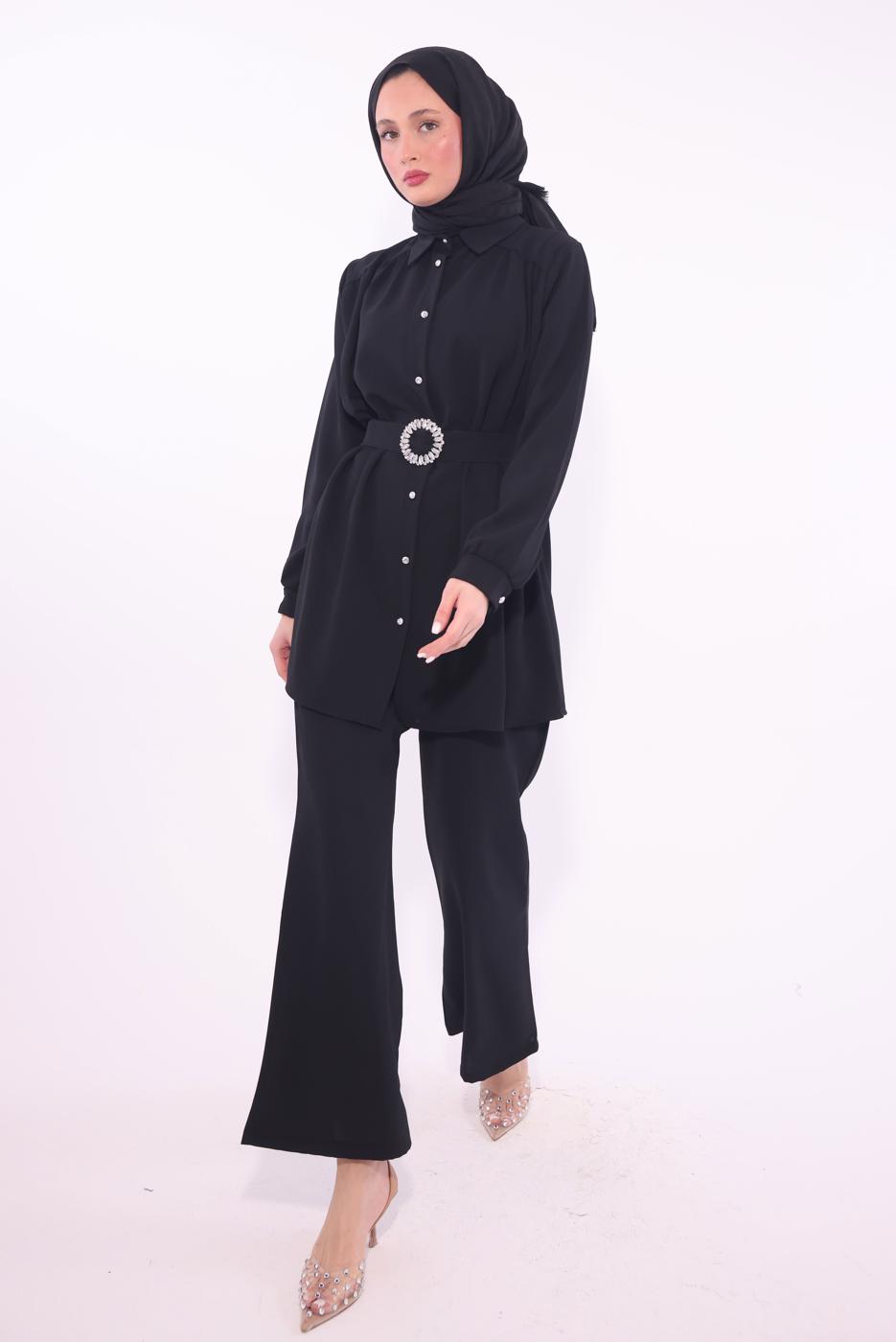 Tesettür giyim SİYAH KEMERLİ PANTOLONLU TAKIM T 9674