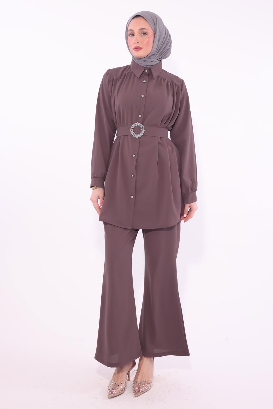 Tesettür giyim MÜRDÜM KEMERLİ PANTOLONLU TAKIM T 9674