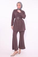 Tesettür giyim MÜRDÜM KEMERLİ PANTOLONLU TAKIM T 9674