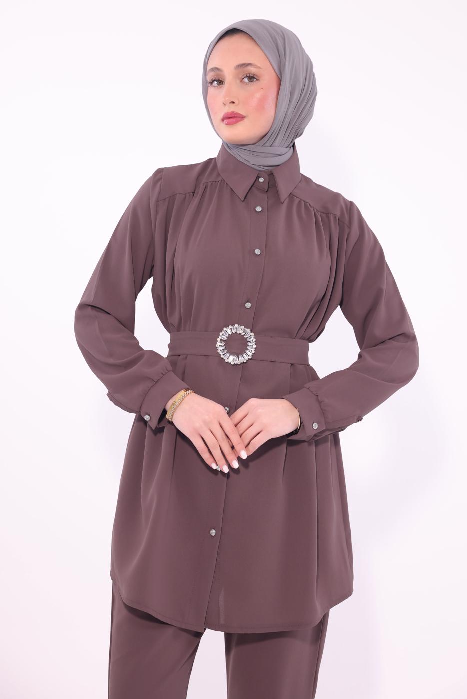 Tesettür giyim MÜRDÜM KEMERLİ PANTOLONLU TAKIM T 9674