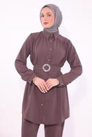 Tesettür giyim MÜRDÜM KEMERLİ PANTOLONLU TAKIM T 9674