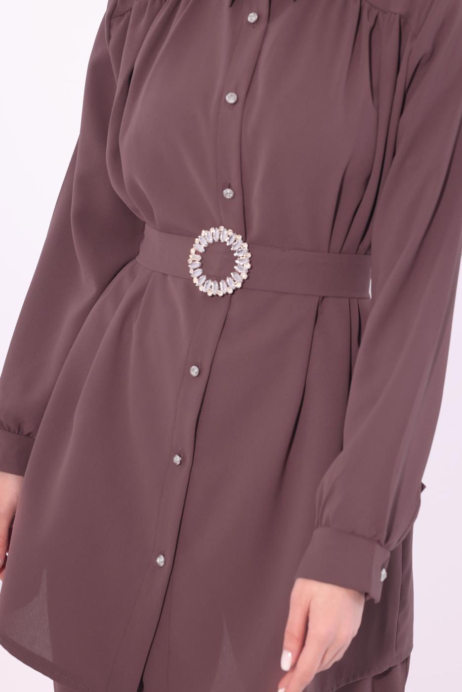 Tesettür giyim MÜRDÜM KEMERLİ PANTOLONLU TAKIM T 9674