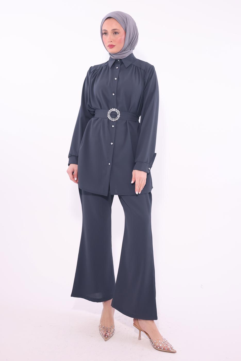 Tesettür giyim GRİ KEMERLİ PANTOLONLU TAKIM T 9674
