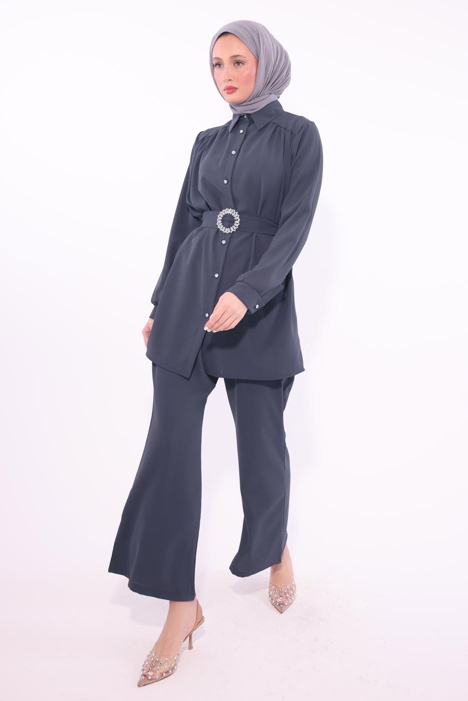 Tesettür giyim GRİ KEMERLİ PANTOLONLU TAKIM T 9674