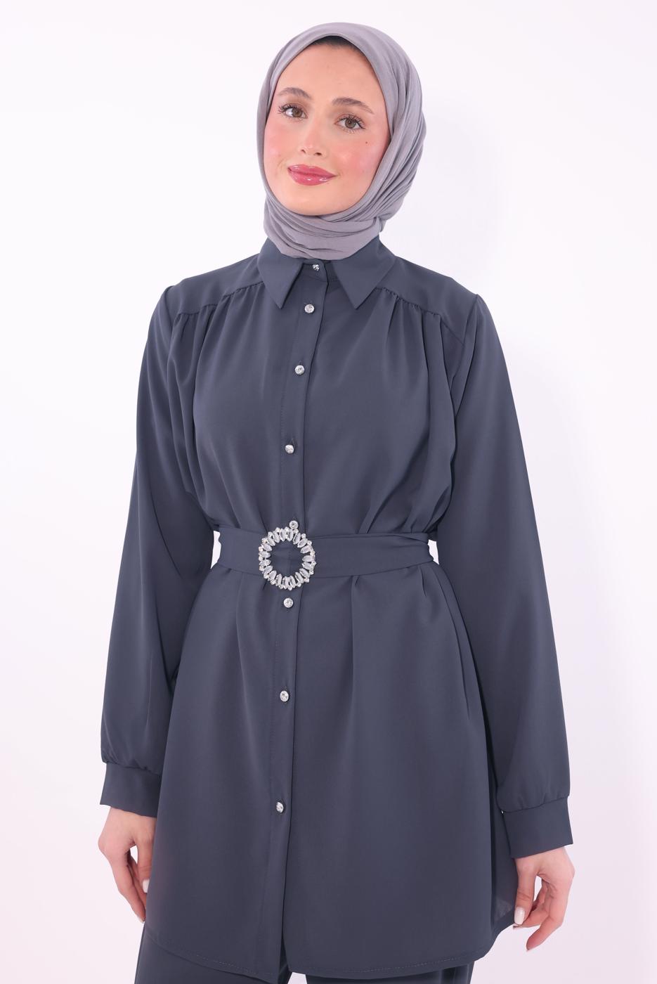 Tesettür giyim GRİ KEMERLİ PANTOLONLU TAKIM T 9674