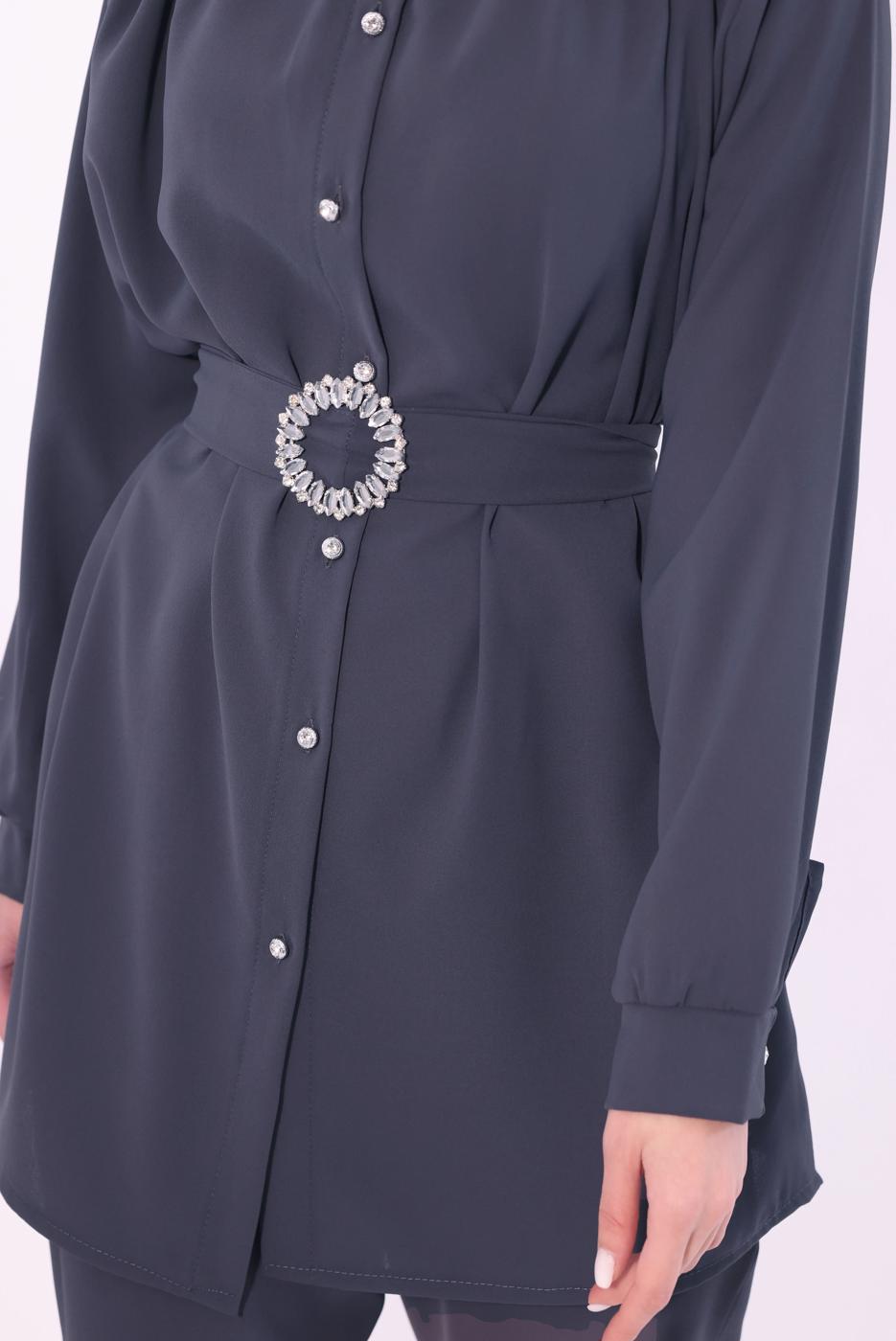 Tesettür giyim GRİ KEMERLİ PANTOLONLU TAKIM T 9674