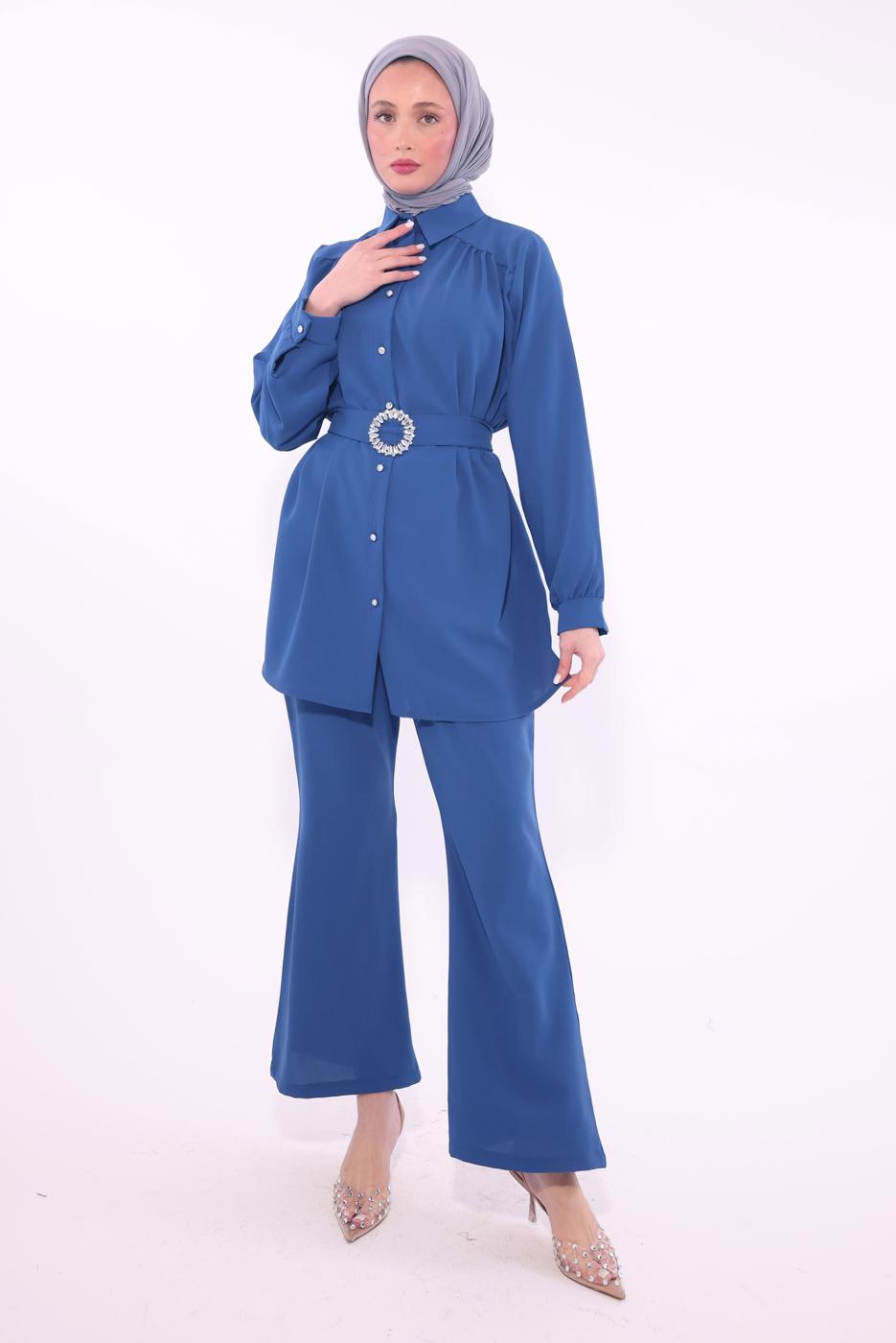 Tesettür giyim LACİVERT KEMERLİ PANTOLONLU TAKIM T 9674
