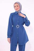 Tesettür giyim LACİVERT KEMERLİ PANTOLONLU TAKIM T 9674