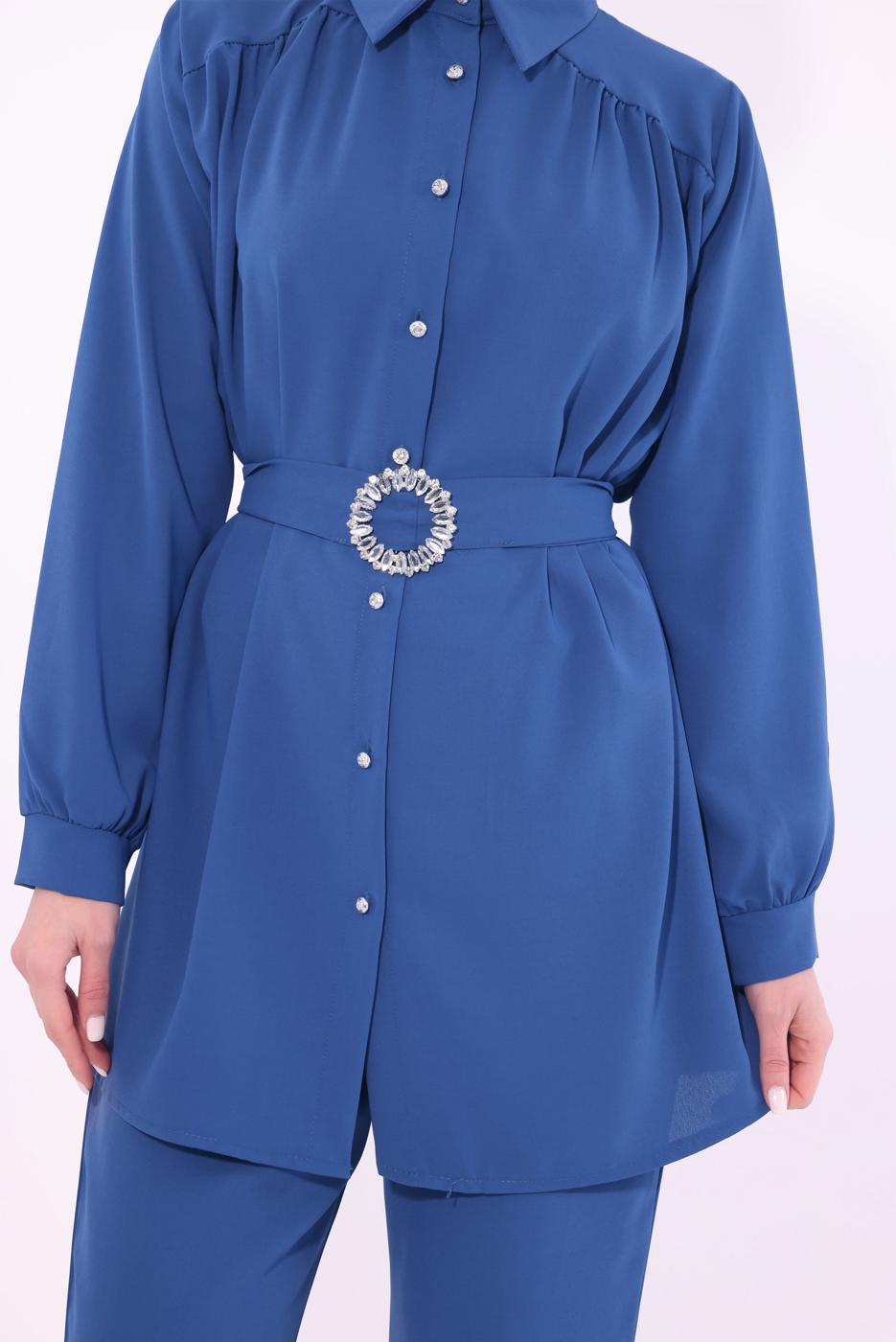 Tesettür giyim LACİVERT KEMERLİ PANTOLONLU TAKIM T 9674