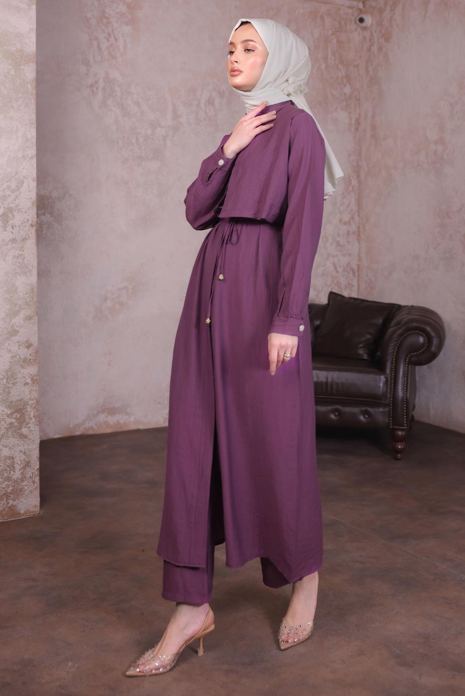 Hijab clothing PURPLE TIED WAIST PANTS SUIT T 9784