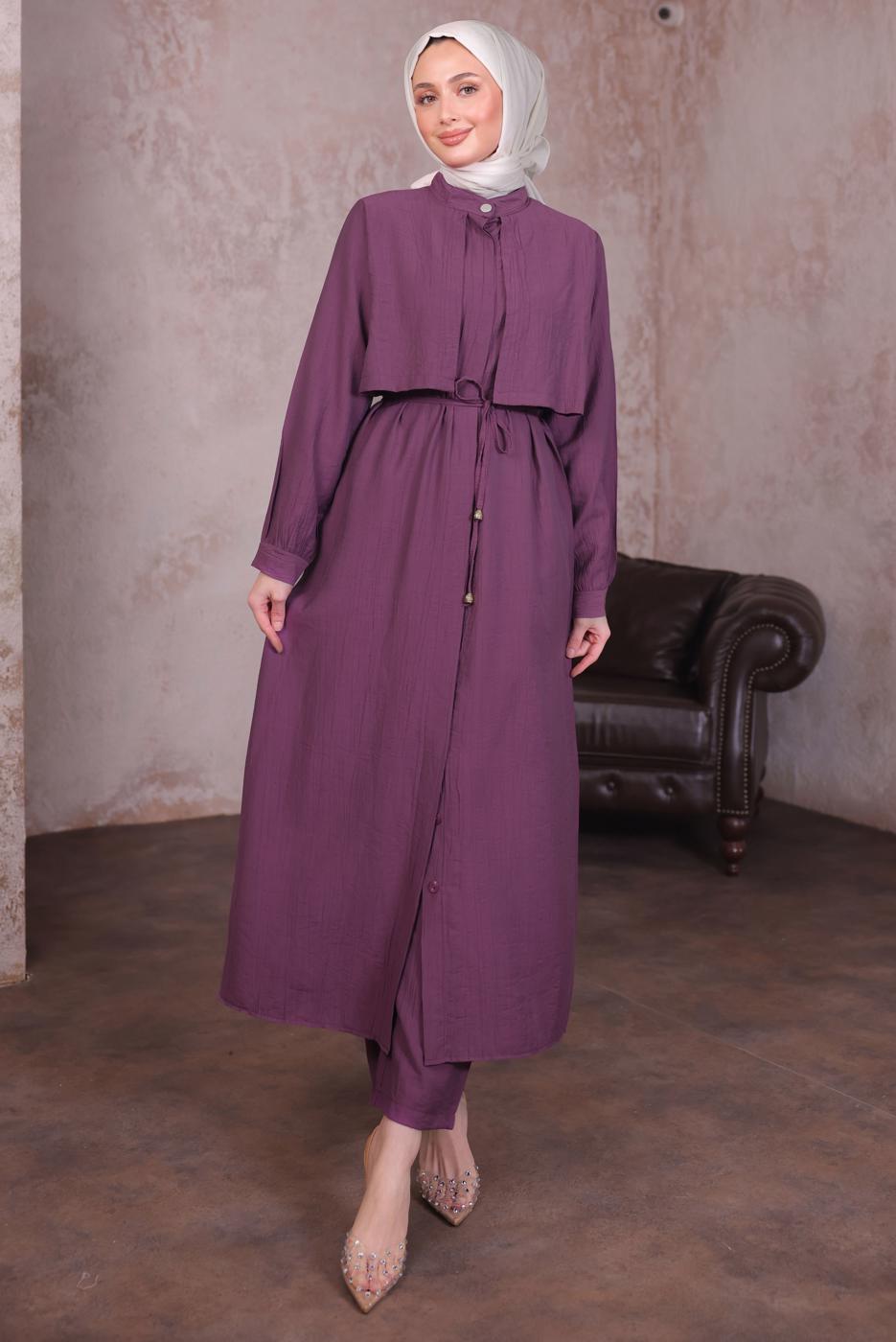 Hijab clothing PURPLE TIED WAIST PANTS SUIT T 9784