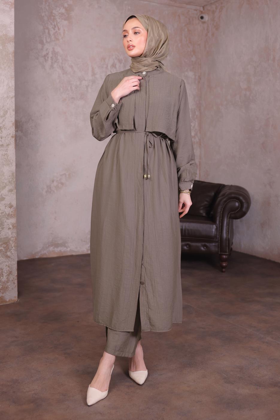 Tesettür giyim VİZON BAĞCIKLI PANTOLONLU TAKIM T 9784