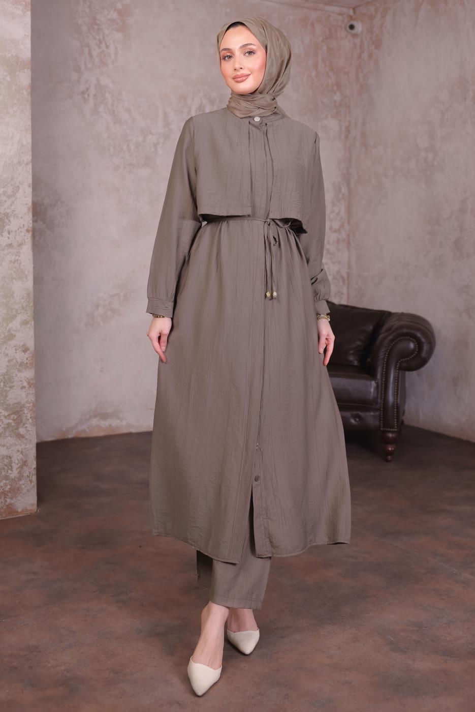 Tesettür giyim VİZON BAĞCIKLI PANTOLONLU TAKIM T 9784