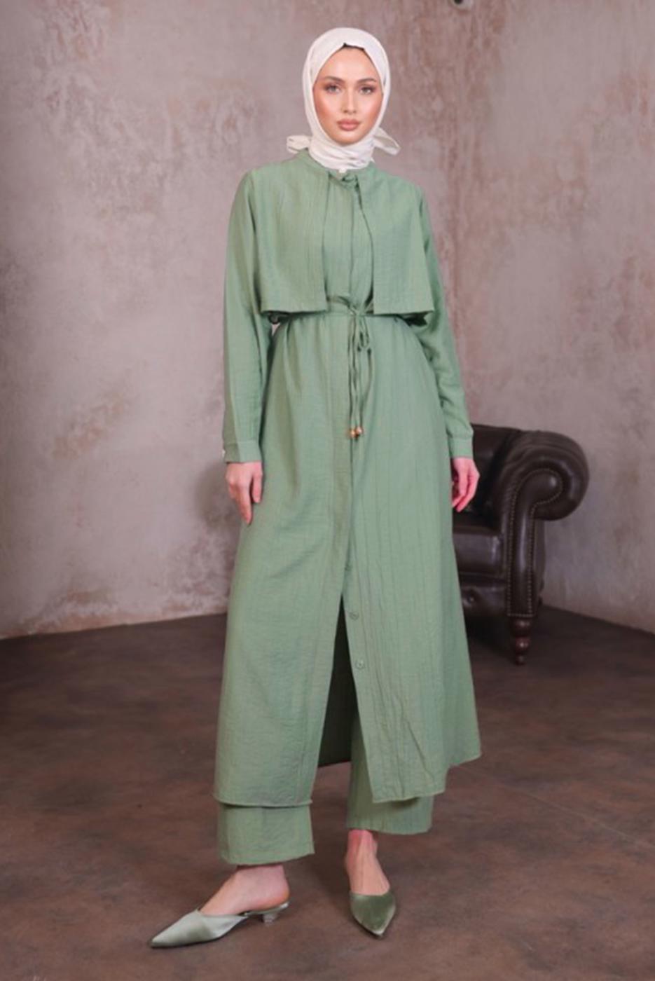 Hijab clothing GREEN TIED WAIST PANTS SUIT T 9784