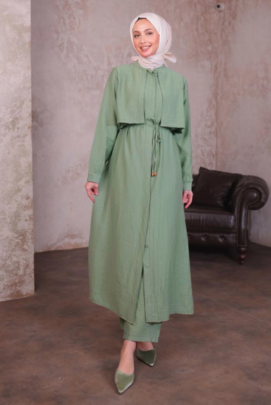 Hijab clothing GREEN TIED WAIST PANTS SUIT T 9784