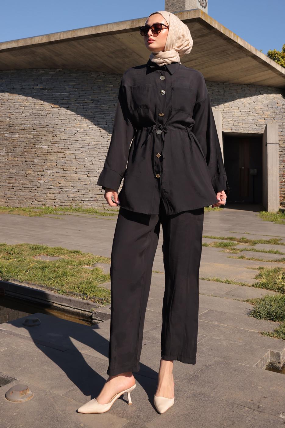 Hijab clothing BLACK SMOCKING WAIST PANTS SUIT T 9884