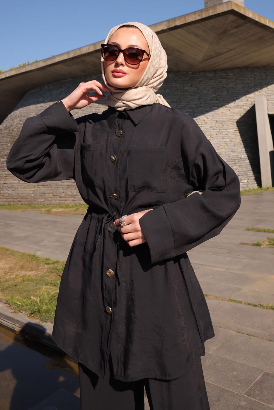 Hijab clothing BLACK SMOCKING WAIST PANTS SUIT T 9884