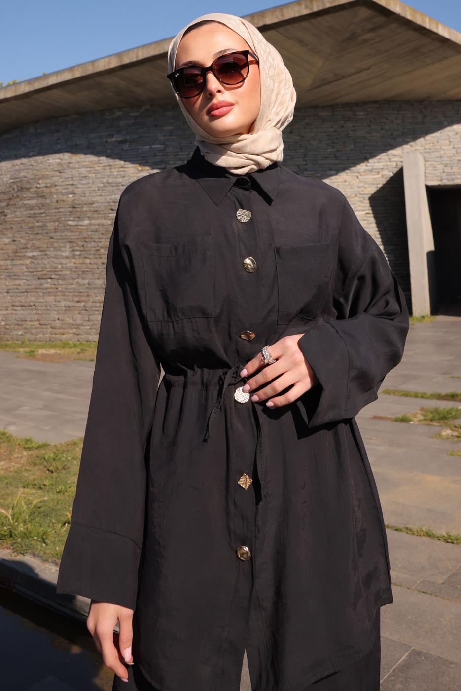 Hijab clothing BLACK SMOCKING WAIST PANTS SUIT T 9884