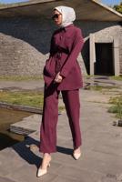 Tesettür giyim BORDO BELİ BÜZGÜLÜ PANTOLONLU TAKIM T 9884