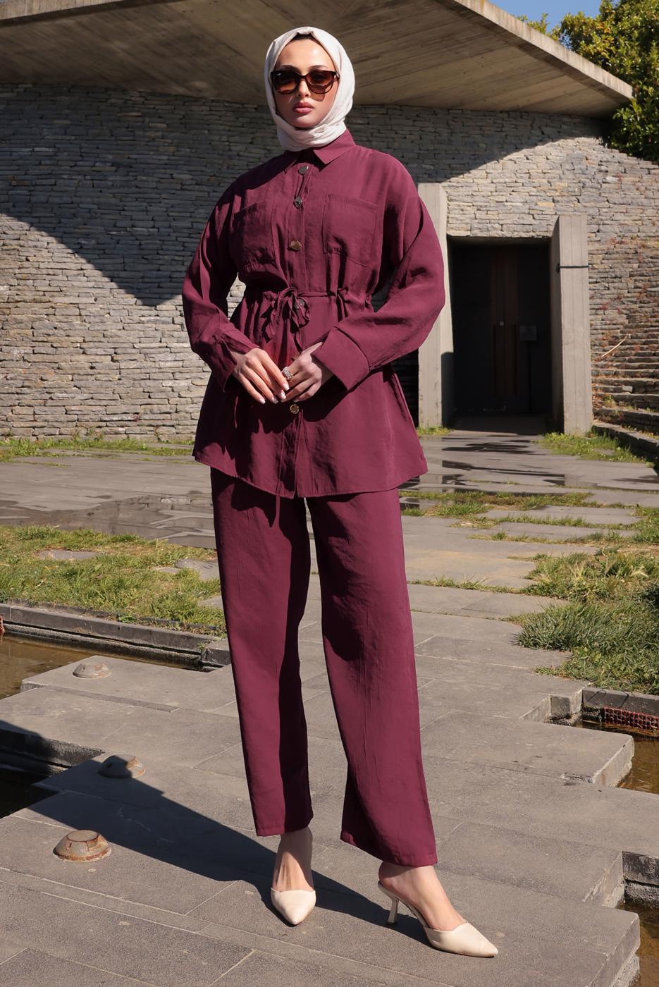Tesettür giyim BORDO BELİ BÜZGÜLÜ PANTOLONLU TAKIM T 9884