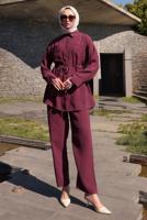 Tesettür giyim BORDO BELİ BÜZGÜLÜ PANTOLONLU TAKIM T 9884