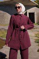 Tesettür giyim BORDO BELİ BÜZGÜLÜ PANTOLONLU TAKIM T 9884
