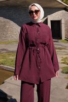 Tesettür giyim BORDO BELİ BÜZGÜLÜ PANTOLONLU TAKIM T 9884