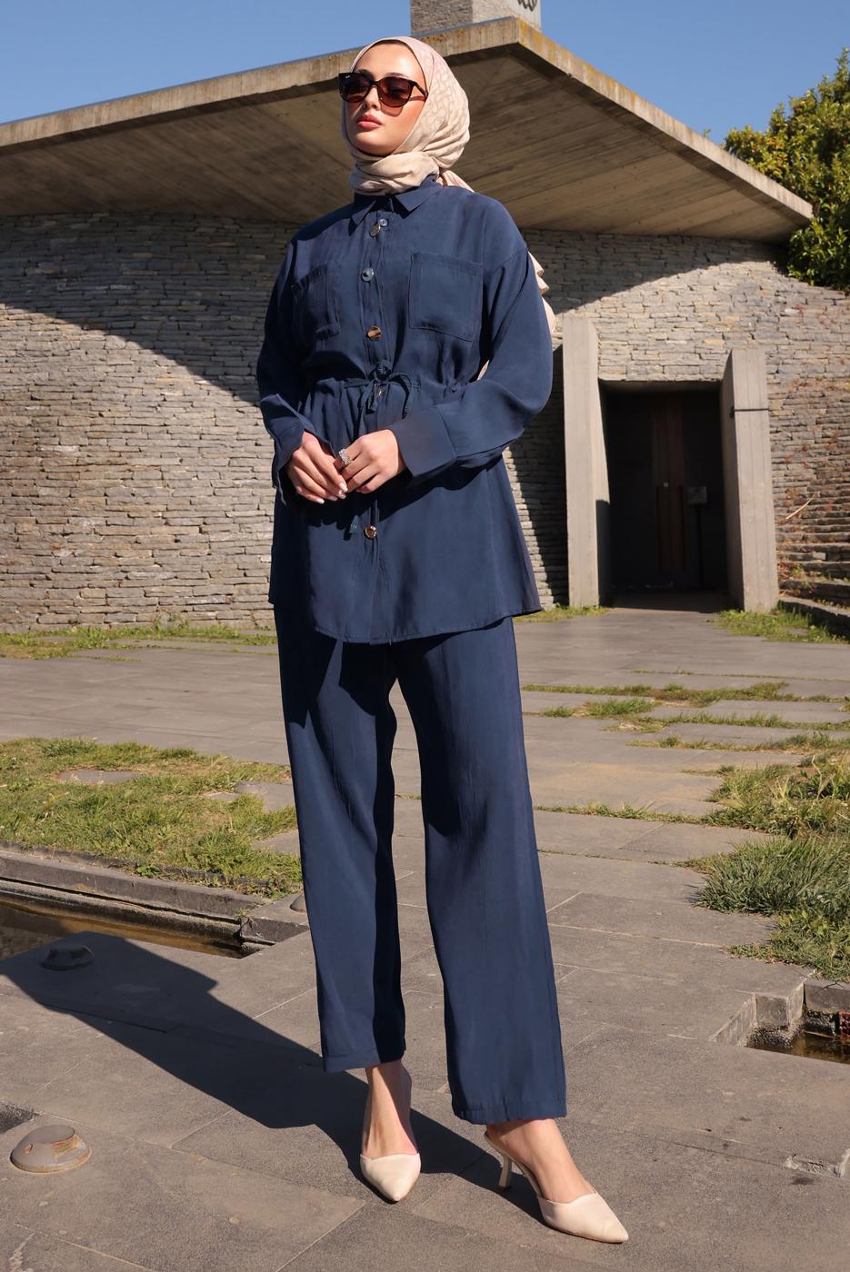 Hijab clothing NAVY BLUE SMOCKING WAIST PANTS SUIT T 9884