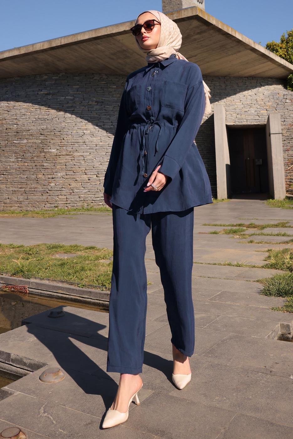 Hijab clothing NAVY BLUE SMOCKING WAIST PANTS SUIT T 9884