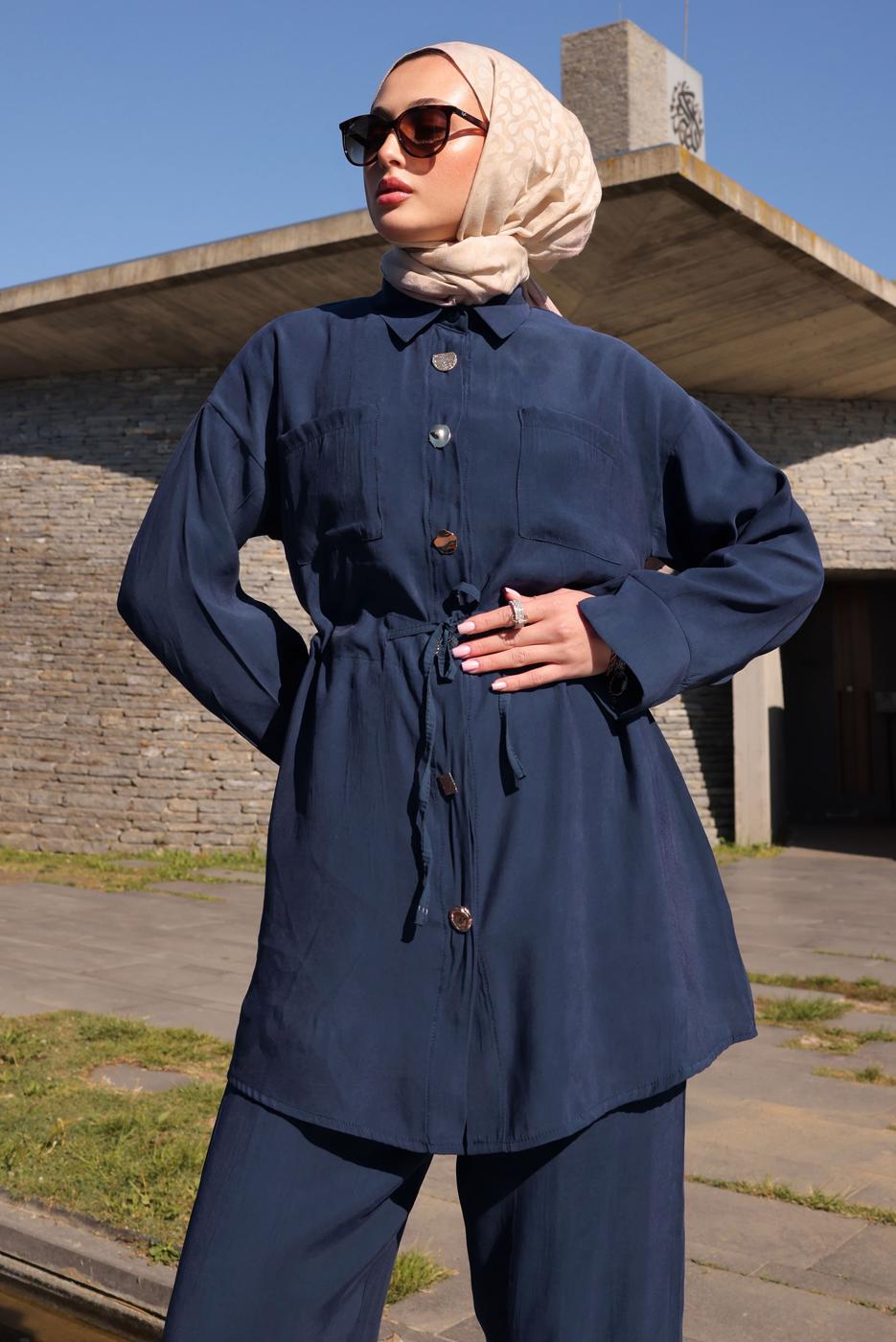 Hijab clothing NAVY BLUE SMOCKING WAIST PANTS SUIT T 9884