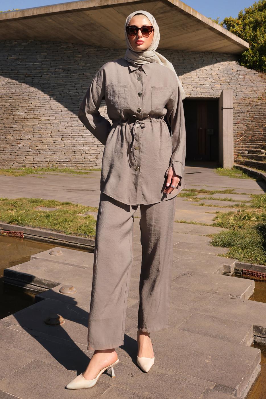 Hijab clothing MINK SMOCKING WAIST PANTS SUIT T 9884