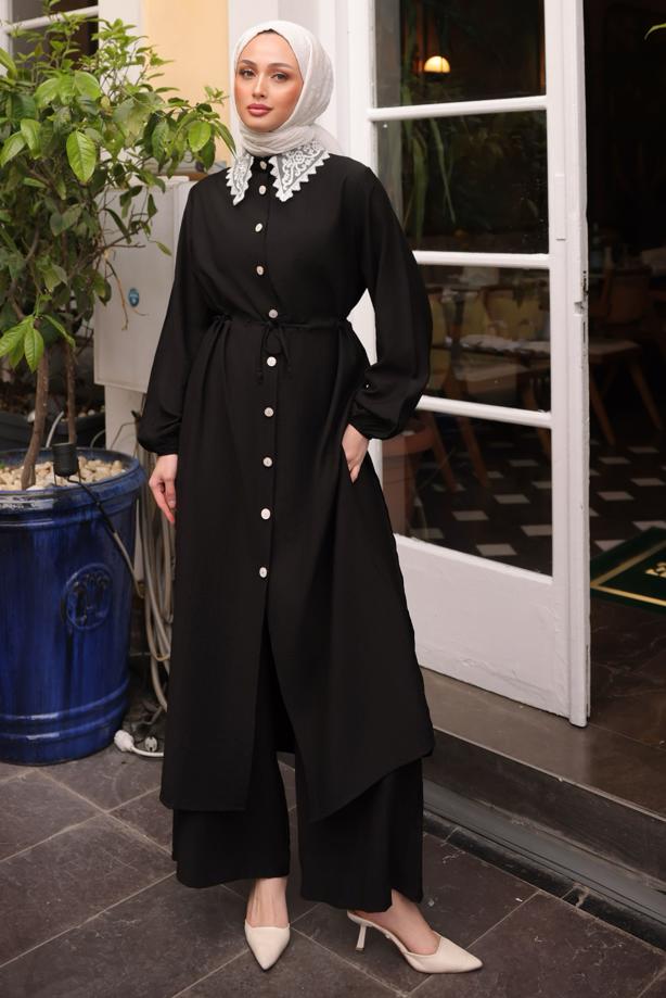 Vêtements hijab NOIR COSTUME PANTALON AVEC DÉTAILS EN DENTELLE T 9984 - TRENDTESETTÜR
