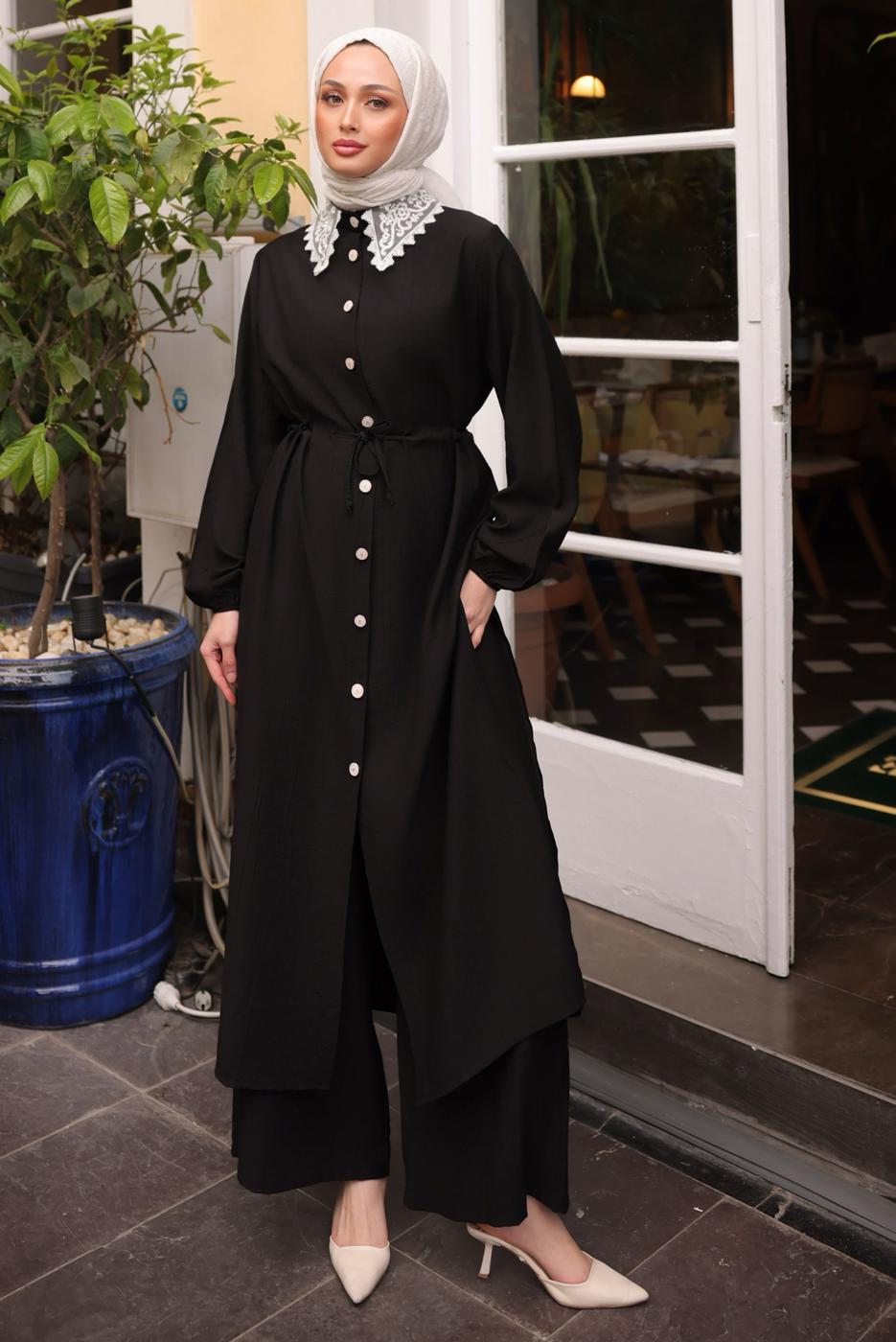 Tesettür giyim SİYAH DANTEL DETAYLI PANTOLONLU TAKIM T 9984