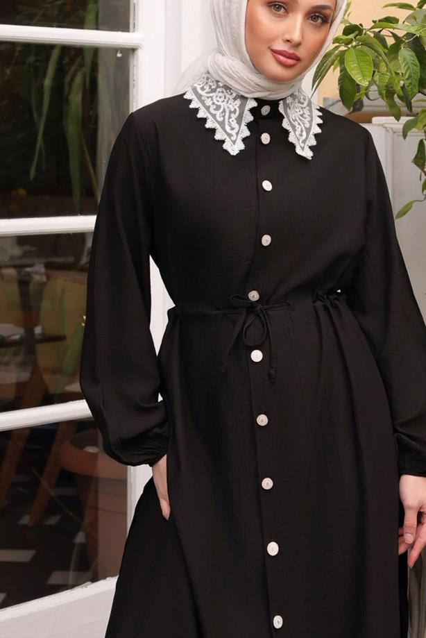 Vêtements hijab NOIR COSTUME PANTALON AVEC DÉTAILS EN DENTELLE T 9984 - TRENDTESETTÜR