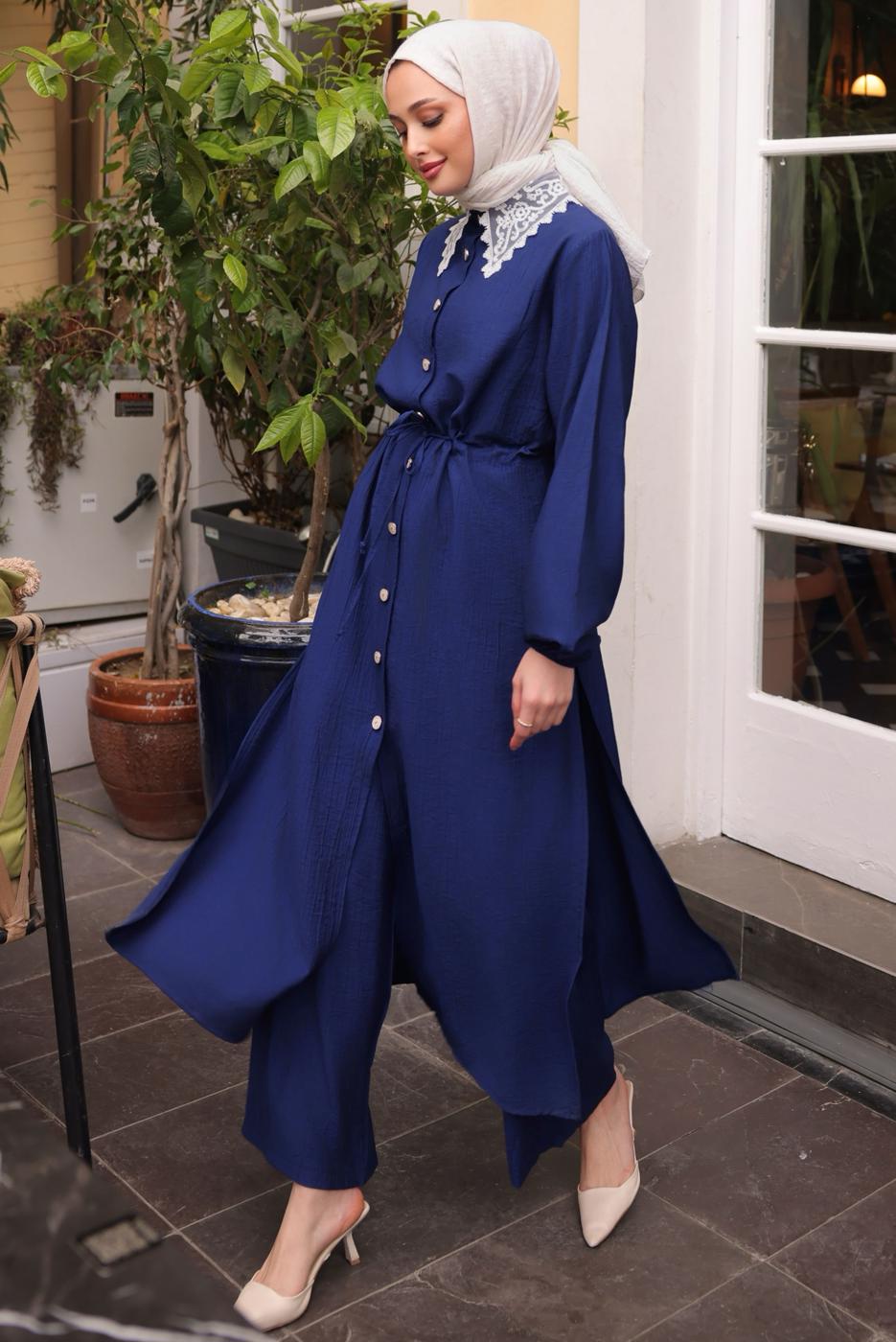 Hijab clothing NAVY BLUE LACE DETAILED PANTS SUIT T 9984
