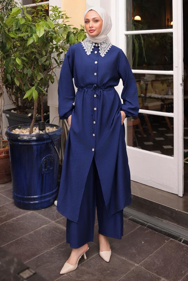 Vêtements hijab BLEU MARINE COSTUME PANTALON AVEC DÉTAILS EN DENTELLE T 9984 - TRENDTESETTÜR