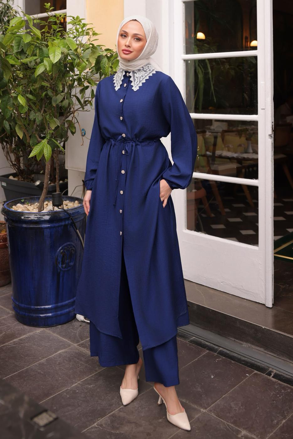 Hijab clothing NAVY BLUE LACE DETAILED PANTS SUIT T 9984