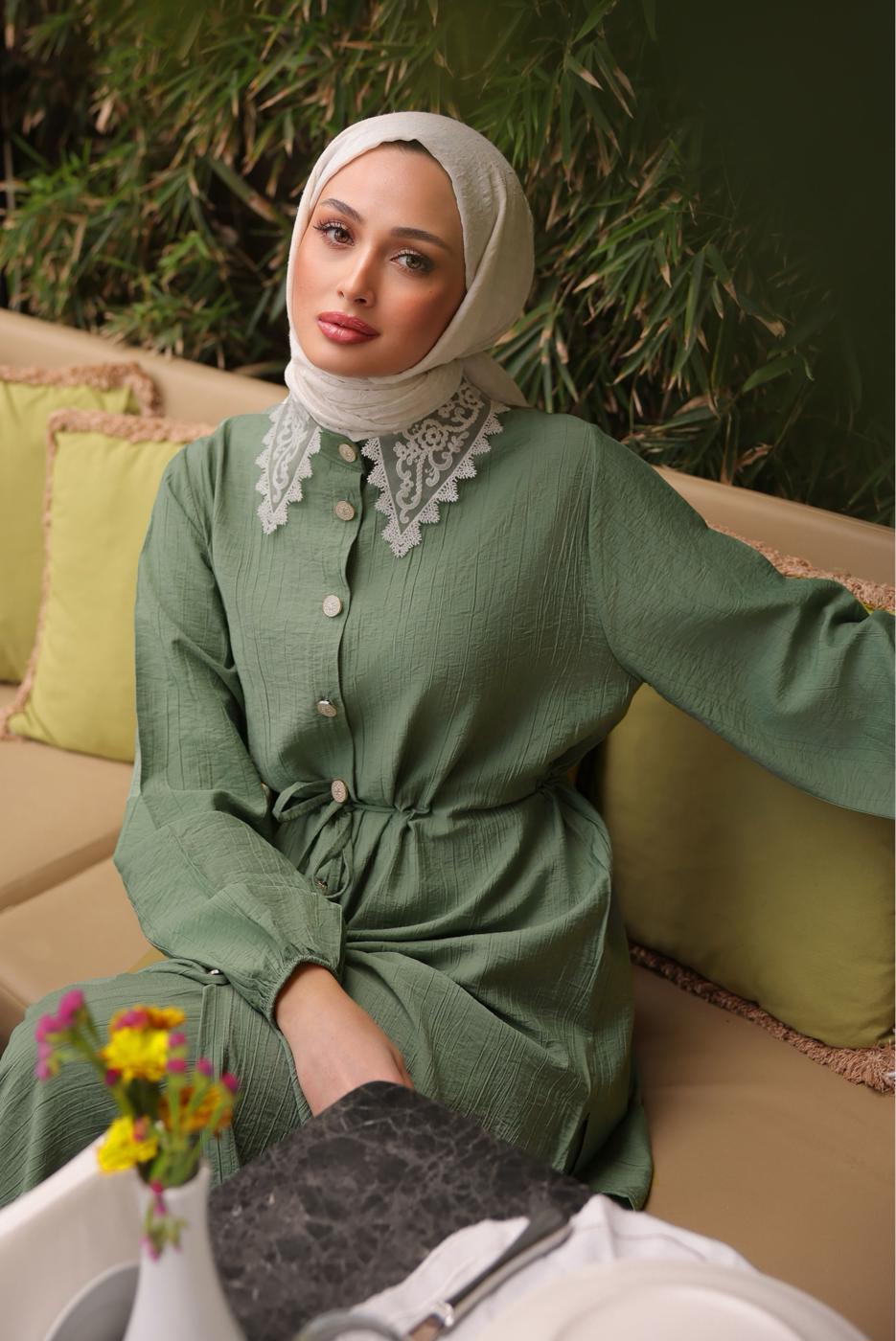 Tesettür giyim YEŞİL DANTEL DETAYLI PANTOLONLU TAKIM T 9984