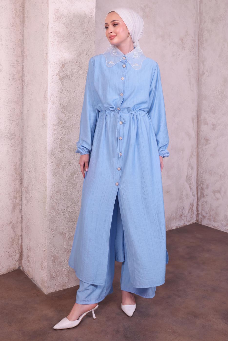Hijab clothing BLUE LACE COLLAR PANTS SUIT T 9994