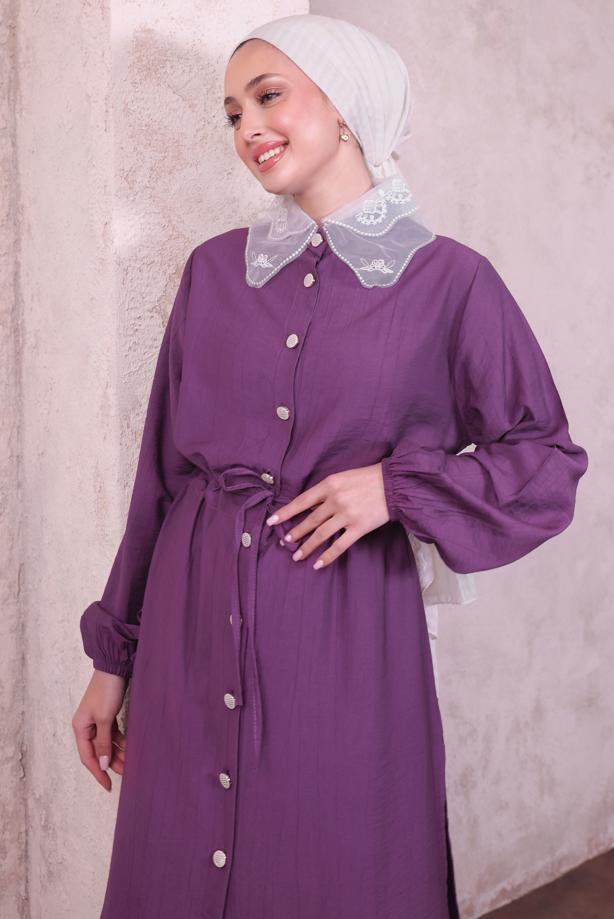 Vêtements hijab POURPRE COSTUME PANTALON À COL EN DENTELLE T 9994 - TRENDTESETTÜR