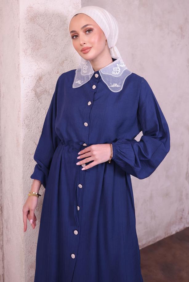 Vêtements hijab BLEU MARINE COSTUME PANTALON À COL EN DENTELLE T 9994 - TRENDTESETTÜR