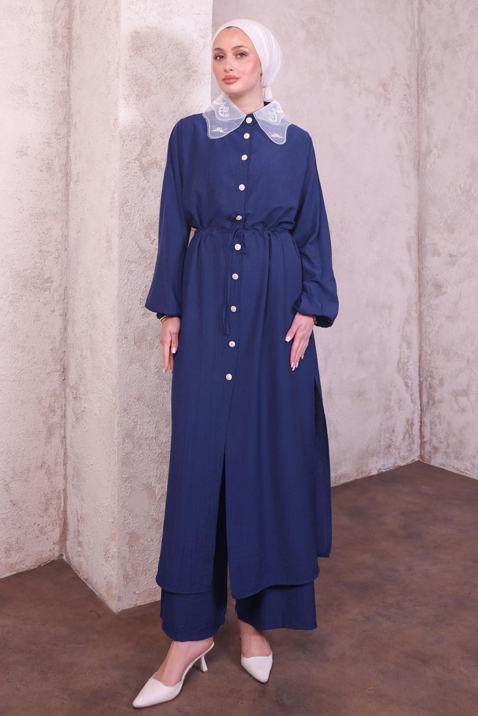 Hijab clothing NAVY BLUE LACE COLLAR PANTS SUIT T 9994