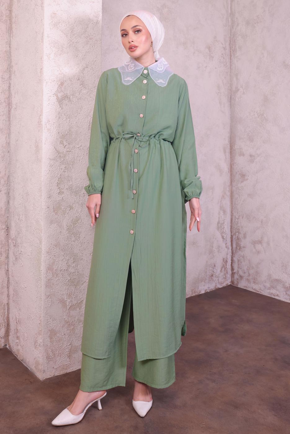 Hijab clothing GREEN LACE COLLAR PANTS SUIT T 9994